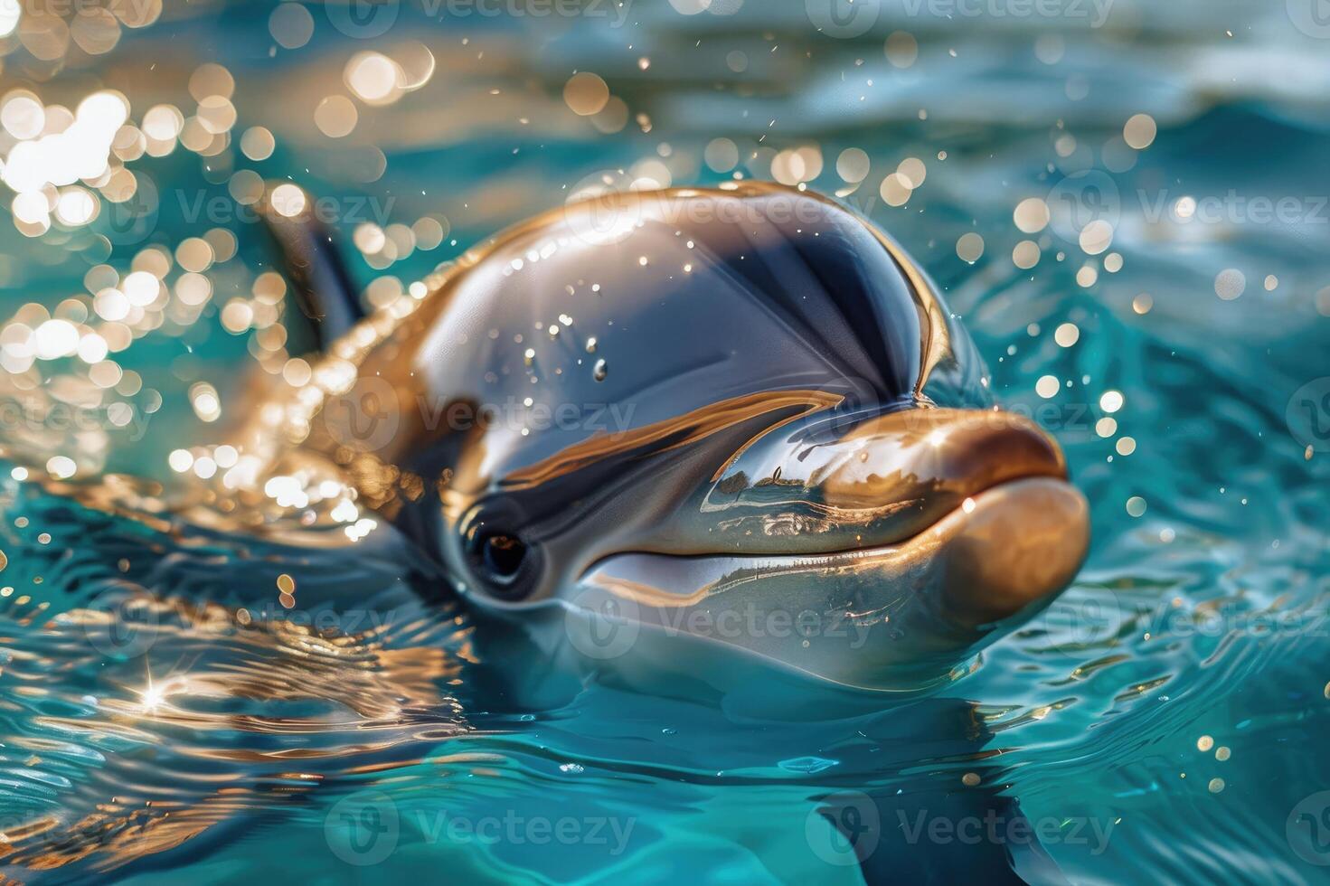 A dolphin's head pops out of the clear, blue water, creating a playful and friendly scene under the bright sunlight. photo
