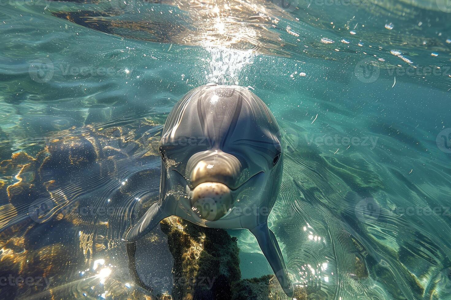 A dolphin's head pops out of the clear, blue water, creating a playful and friendly scene under the bright sunlight. photo
