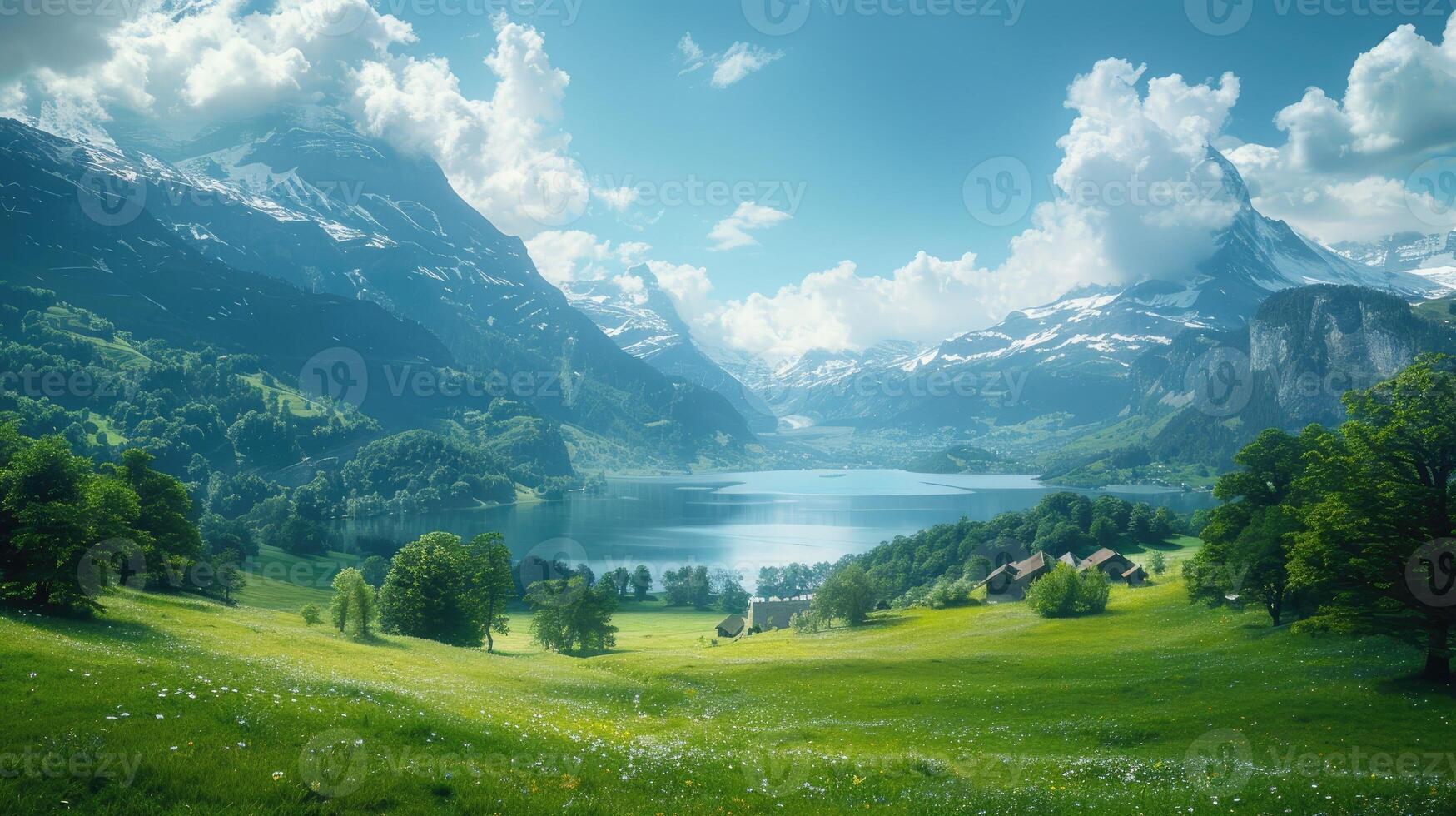 Picturesque landscape with lake, mountains, and houses photo