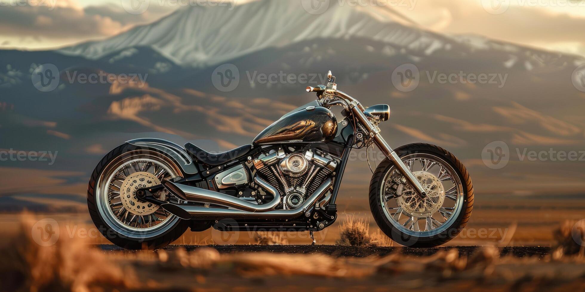 A stunning motorcycle parked on a rural road at sunset, highlighting its metallic parts against a dramatic sky, symbolizing freedom and adventure in a modern, artistic style. photo