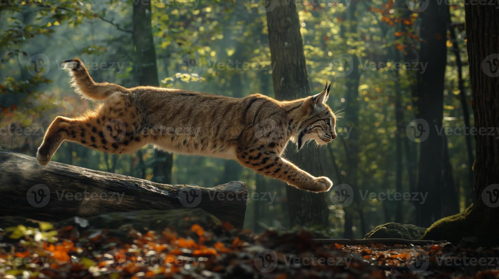 Wild Lynx Leaping Over Fallen Log in Dense Forest Autumn Wildlife Photography Nature Conservation photo