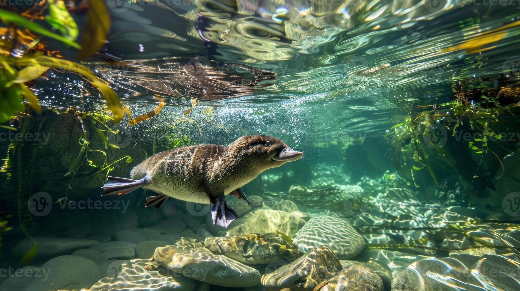 Platypus Swimming Underwater in Clear Freshwater Stream with Rocks and Vegetation, Nature Wildlife Photography photo