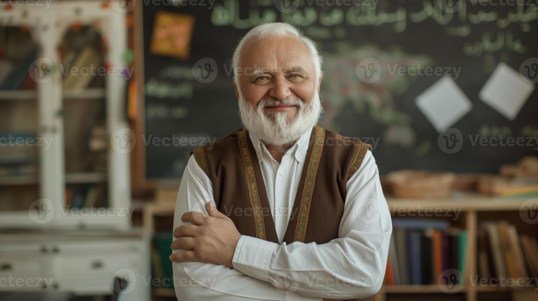 Middle Eastern Elderly Male School Teacher Smiling in Classroom Environment, Suitable for Education and Learning Concepts photo