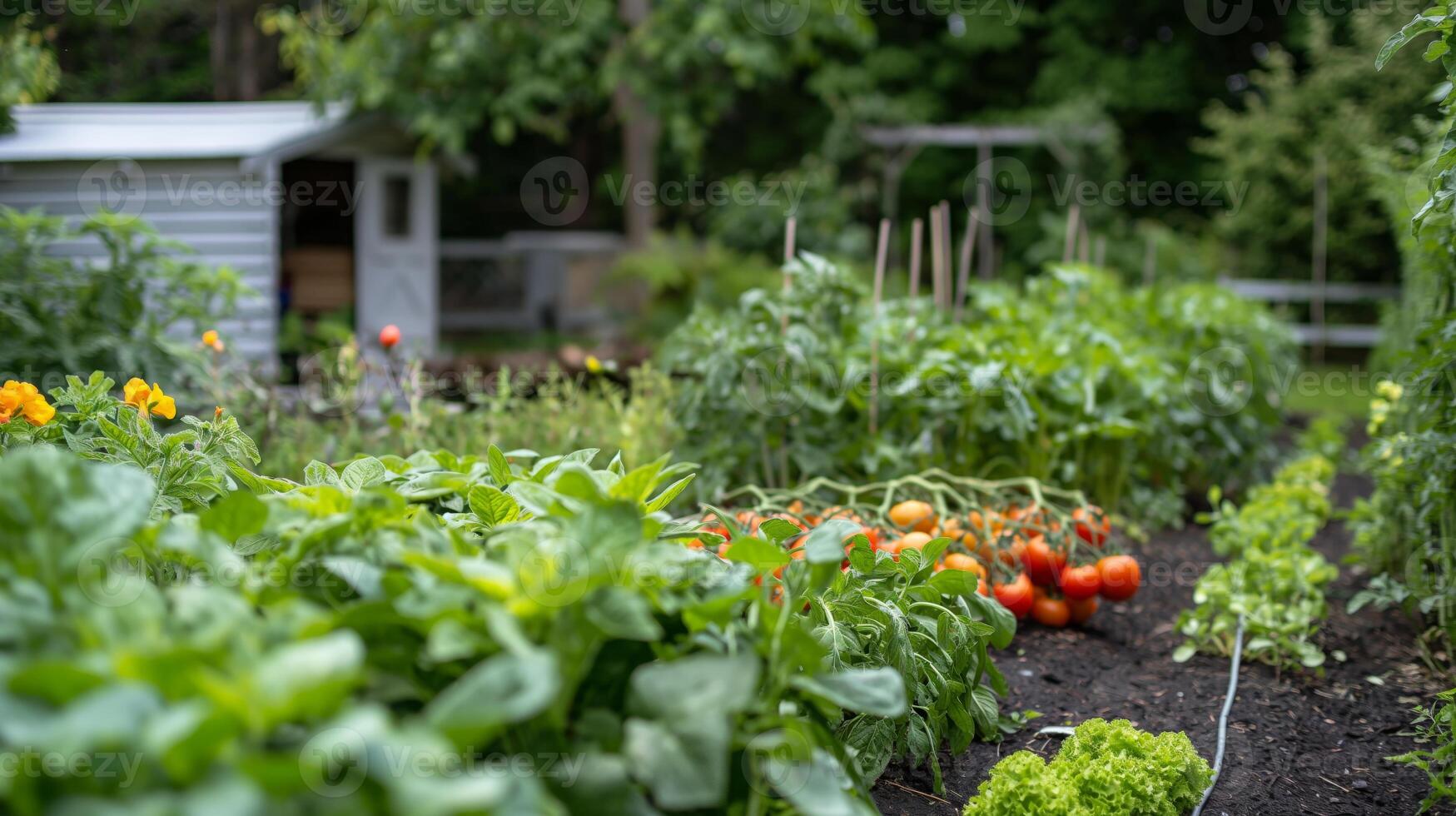 Lush Vegetable Garden with Drip Irrigation System, Greenhouse, and Fresh Produce for Sustainable Urban Farming photo