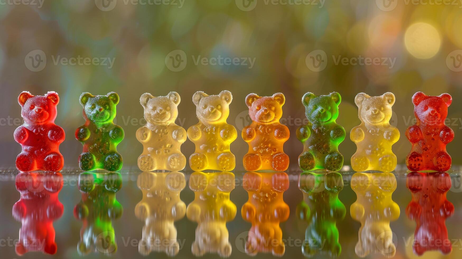 Colorful Gummy Bears in a Neat Row Backlit with Glittering Bokeh Reflections Perfect for candythemed designs, party invitations, or decoration photo