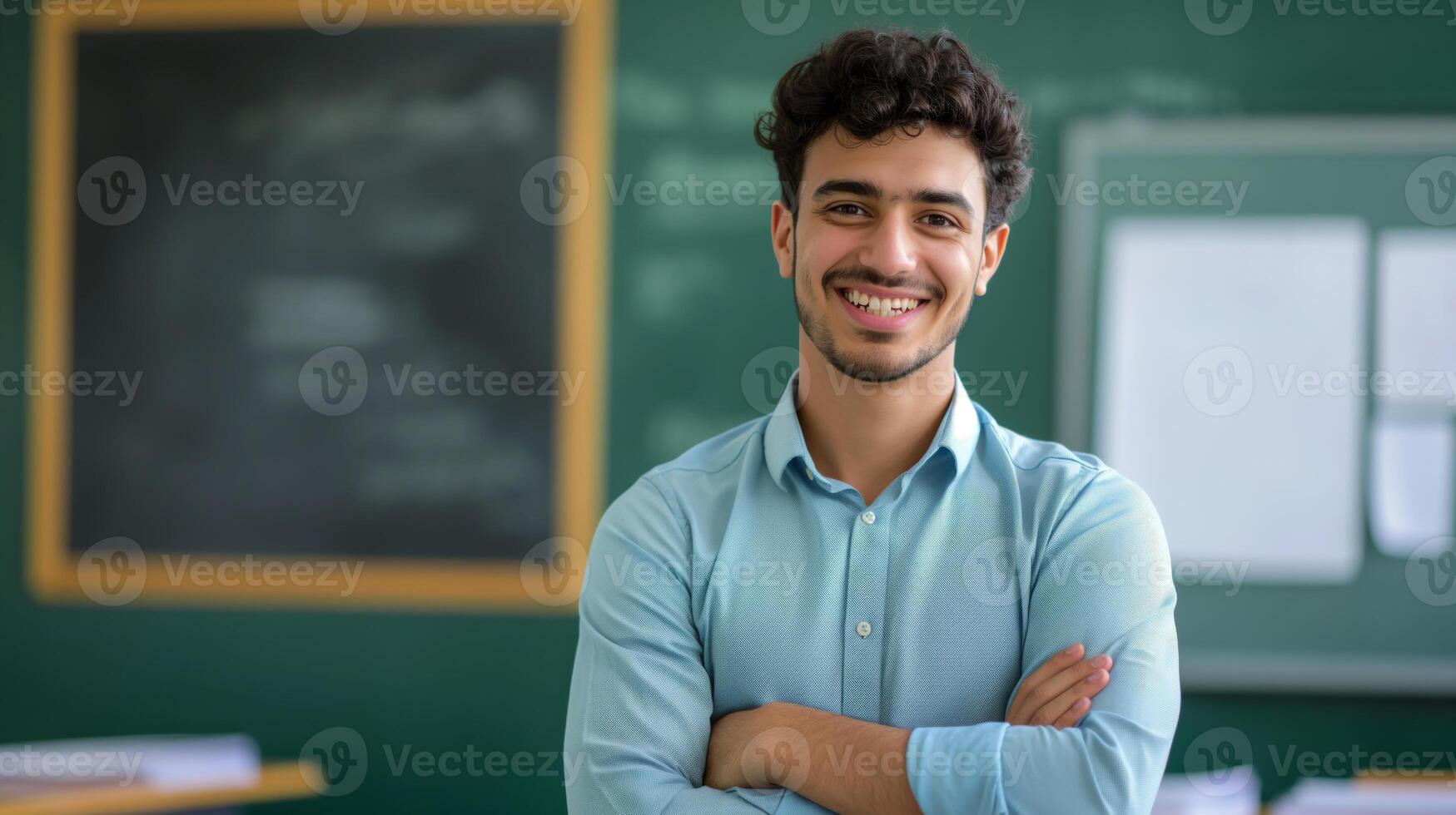 Confident Young Male Teacher Standing in Classroom, Smiling Warmly, Arms Crossed, Education, Diversity photo