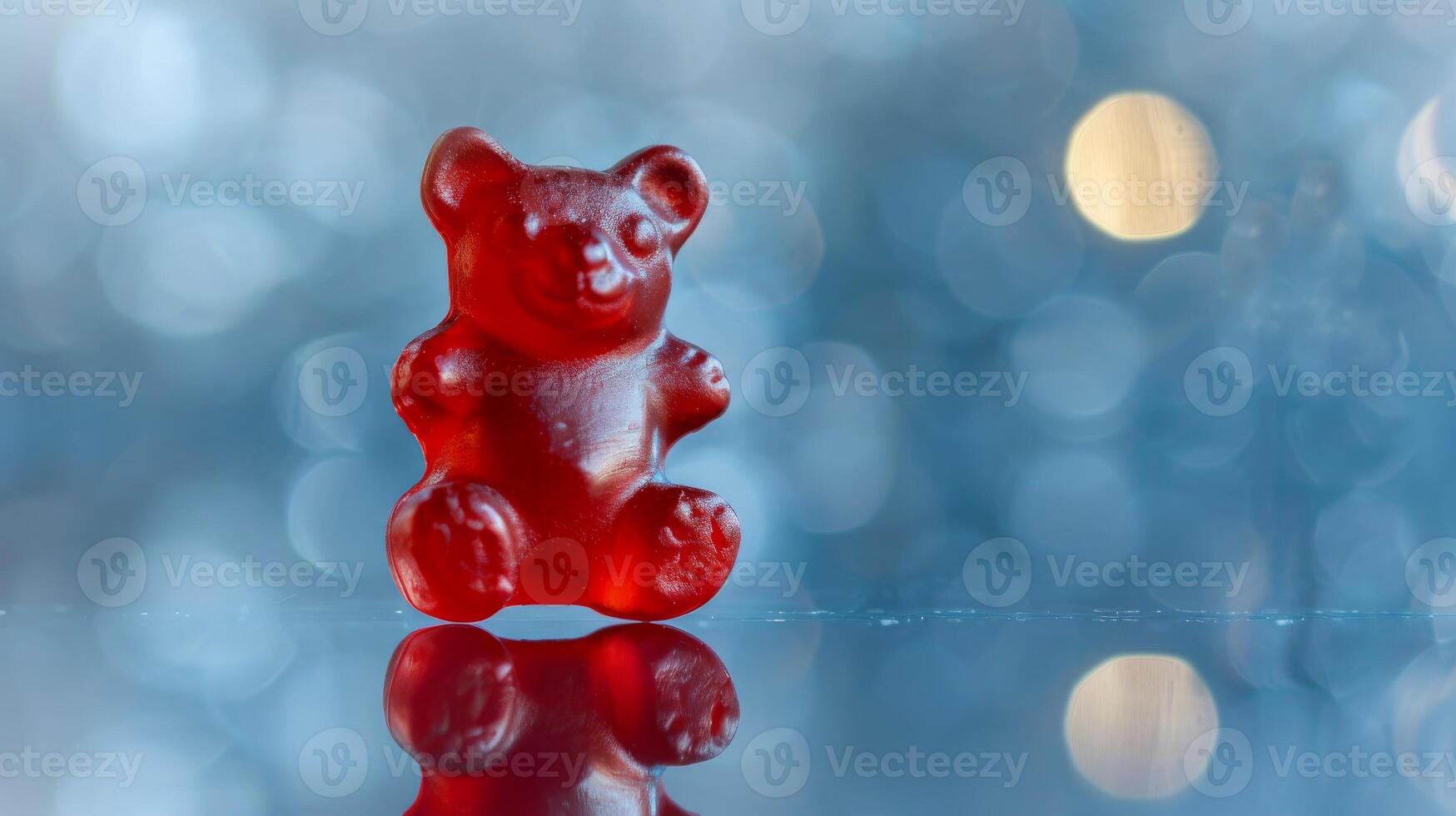 Macro Shot of Single Red Gummy Bear Candy with Blue Bokeh Background Perfect for Advertising or Packaging Design photo