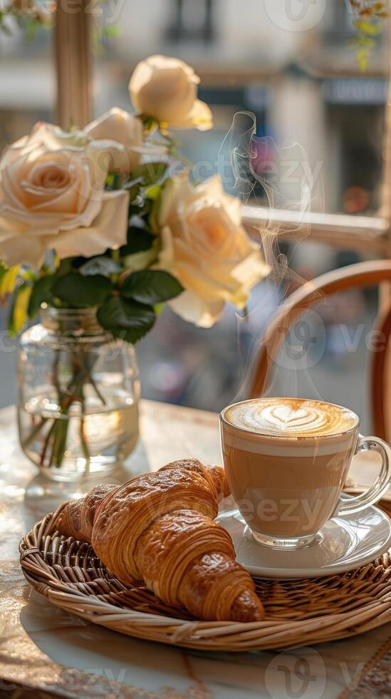 Latte cup on table on summer cafe, wicker basket with croissants, rose flower in vase photo
