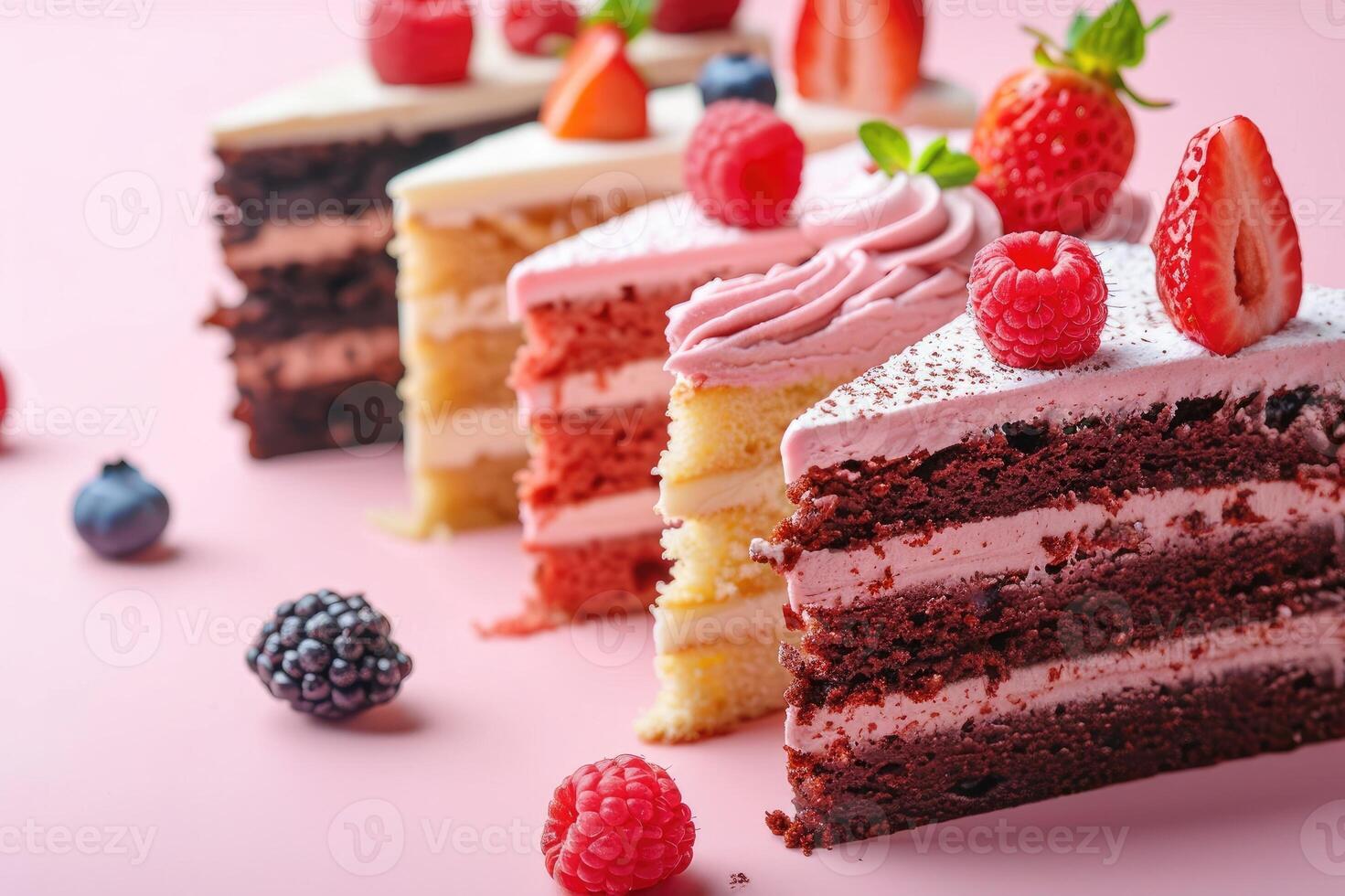 Variety of beautifully decorated cake slices arranged on a pink surface photo