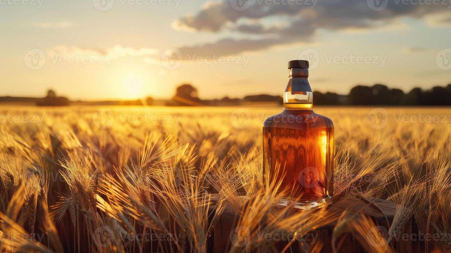 A bottle of whiskey in a golden wheat field at sunset. photo