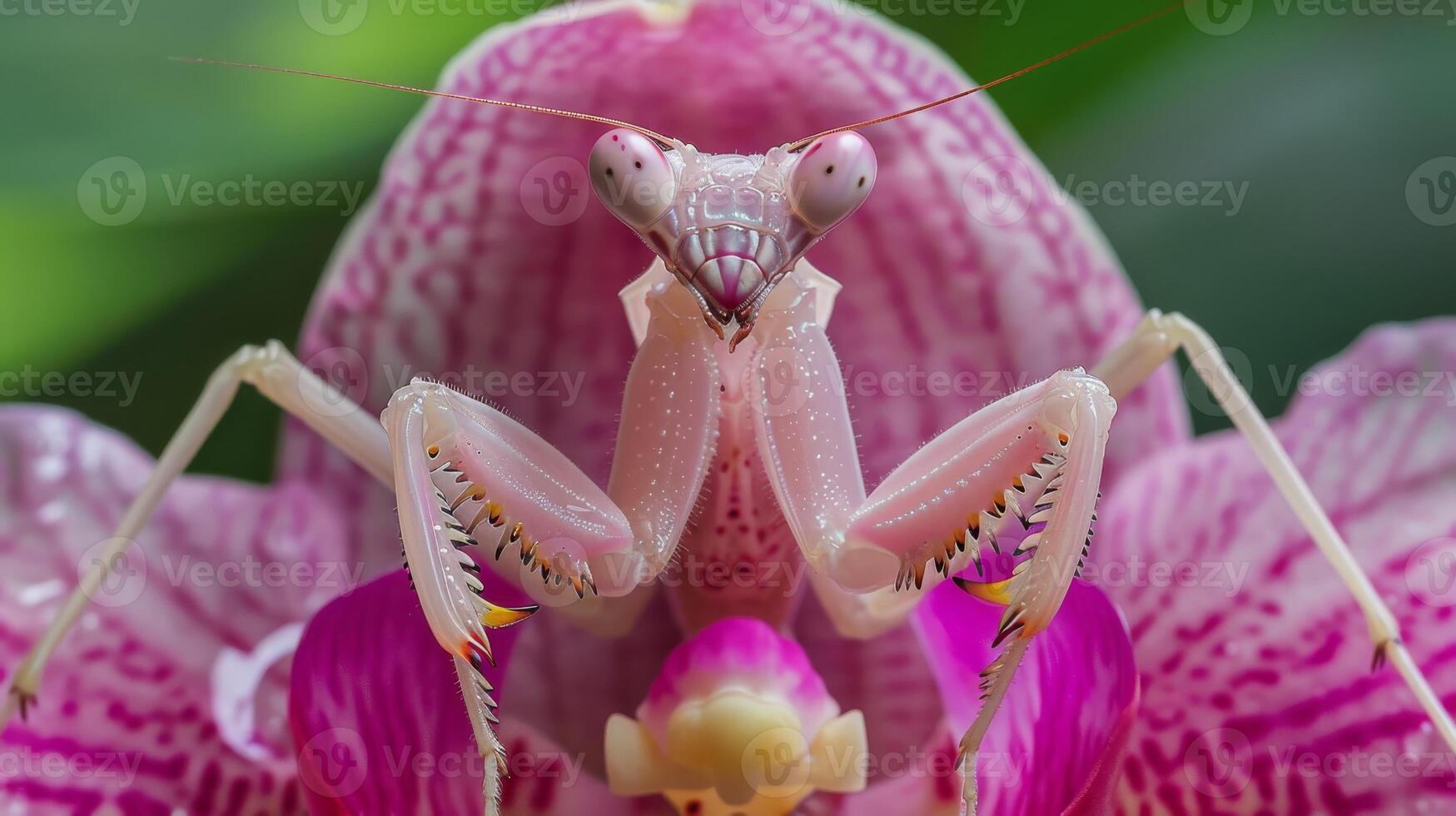 Stunning CloseUp of Orchid Mantis on Vibrant Pink Flower, Perfect for Nature Photography and Insect Enthusiasts photo