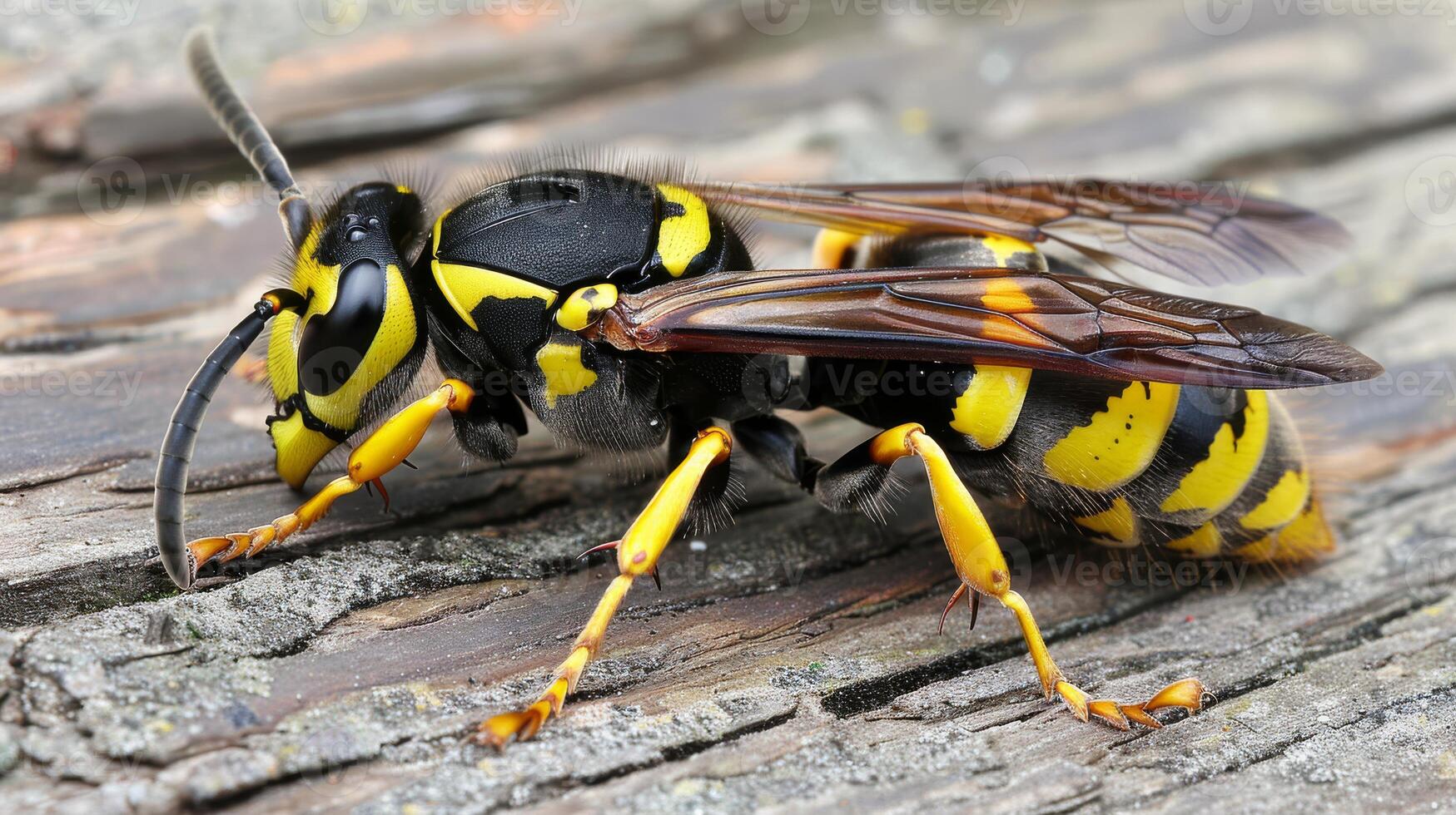 Detailed CloseUp of a Black and Yellow Hornet on Weathered Wood Nature Insect Macro Photography for Print, Design, Poster photo