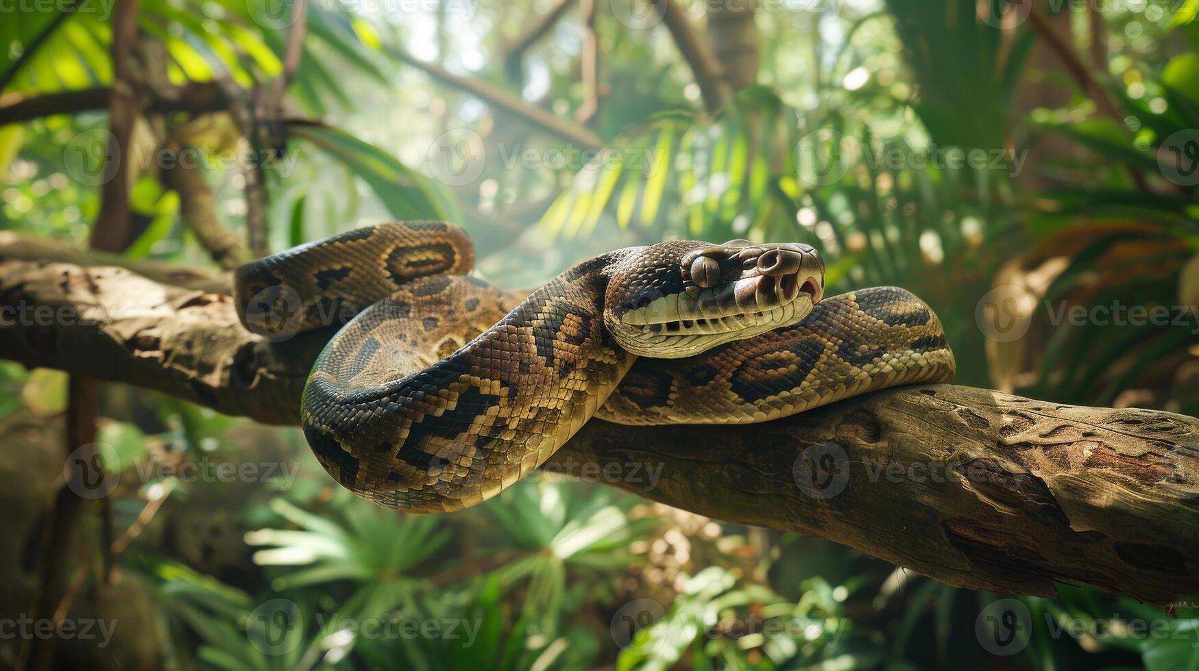 Tropical Boa Constrictor Coiled on Tree Branch in Dense Rainforest Environment photo
