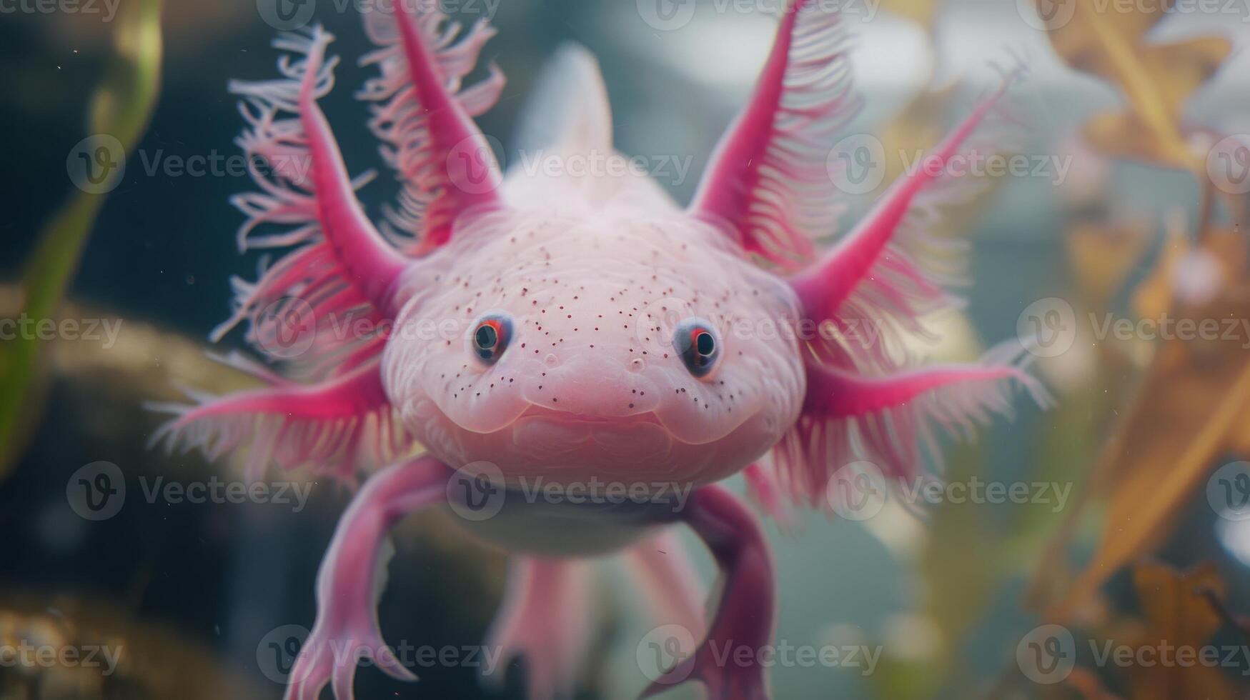 Closeup of a Pink Axolotl in a Clear Aquarium with Natural Aquatic Plants for Organic Wildlife and Animal Enthusiasts photo