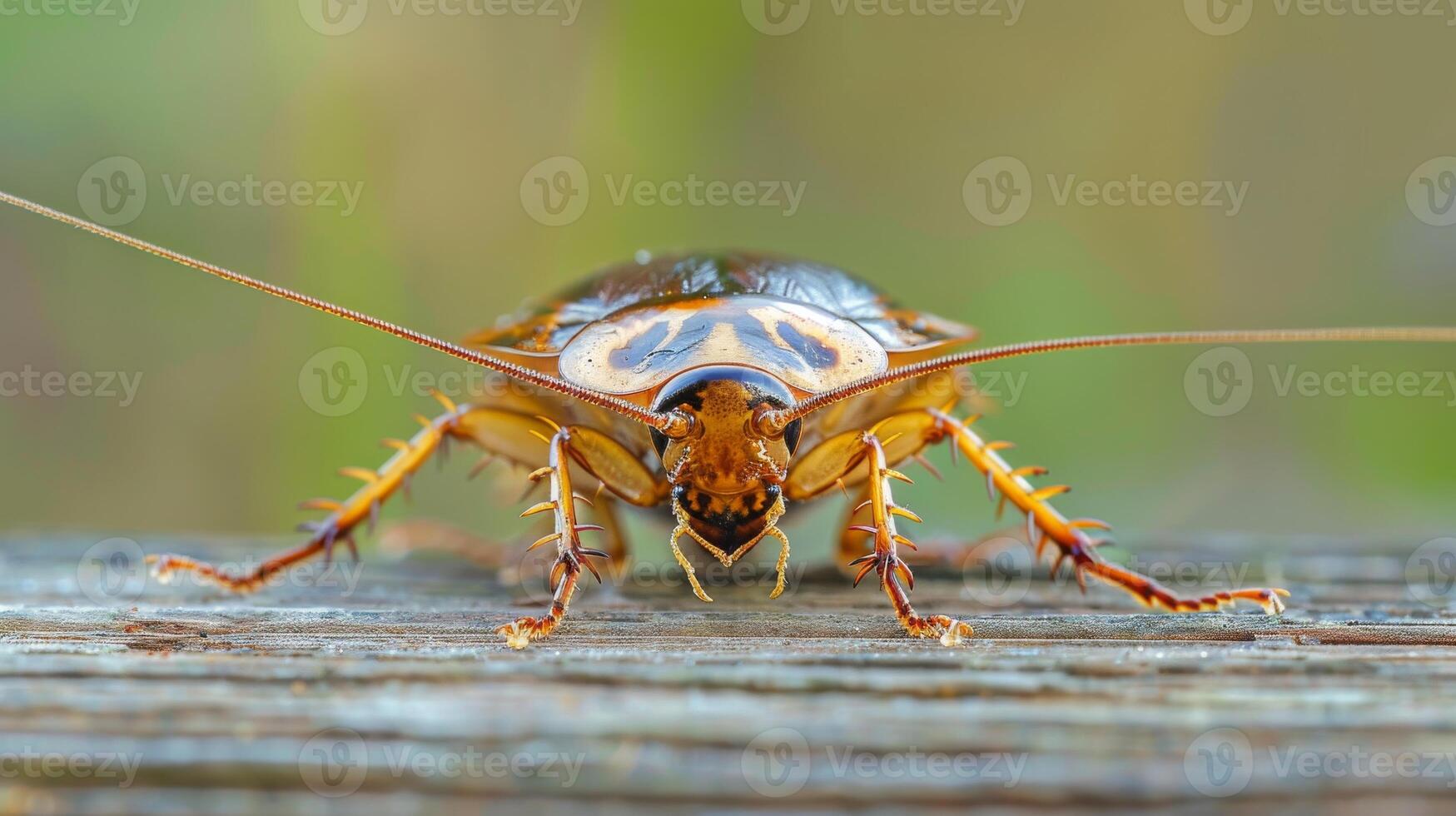 CloseUp of a Golden Brown Cockroach on Wood Surface, Ideal for Educational Use and Insect Enthusiast Content photo