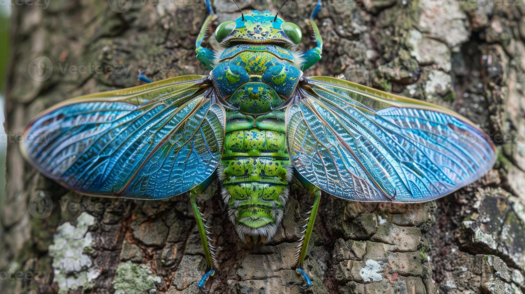 Colorful Blue and Green Cicada Perched on Tree Bark for Nature Photography and Insect Study photo