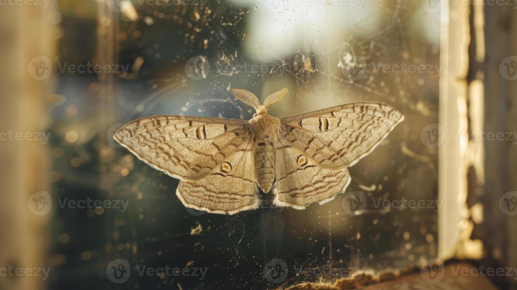 CloseUp of a Detailed Moth Resting on a Sunlit Windowpane, Perfect for NatureInspired Design, Print, Card, or Poster photo