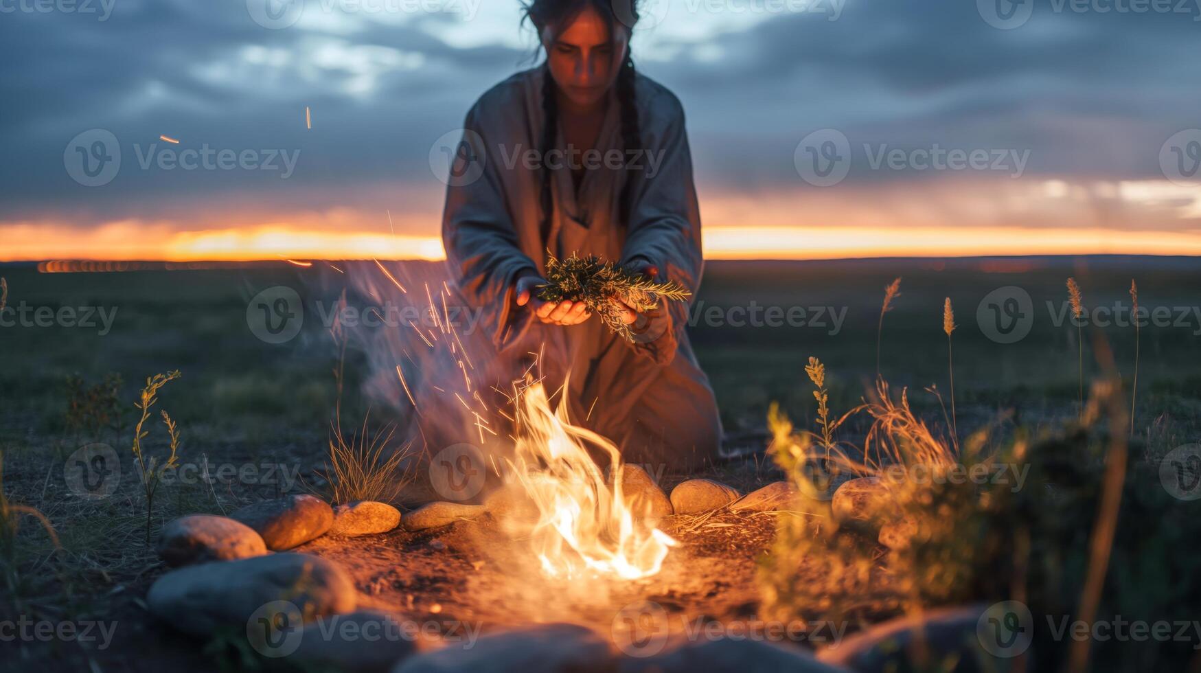 Mystical Fire Ritual at Dusk, Diverse Woman in Traditional Attire, Cultural Heritage, Fire Ceremony at Sunset photo