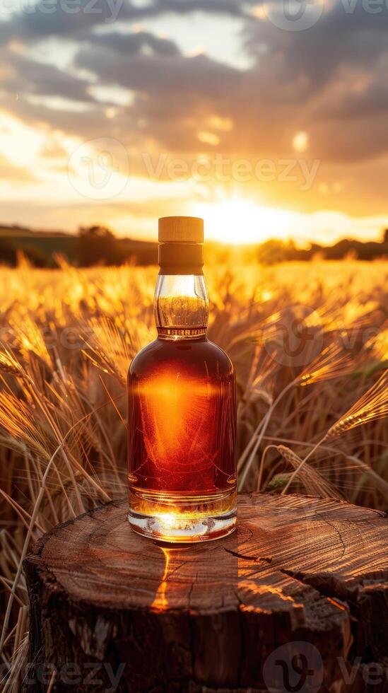 A bottle of whiskey in a golden wheat field at sunset. photo