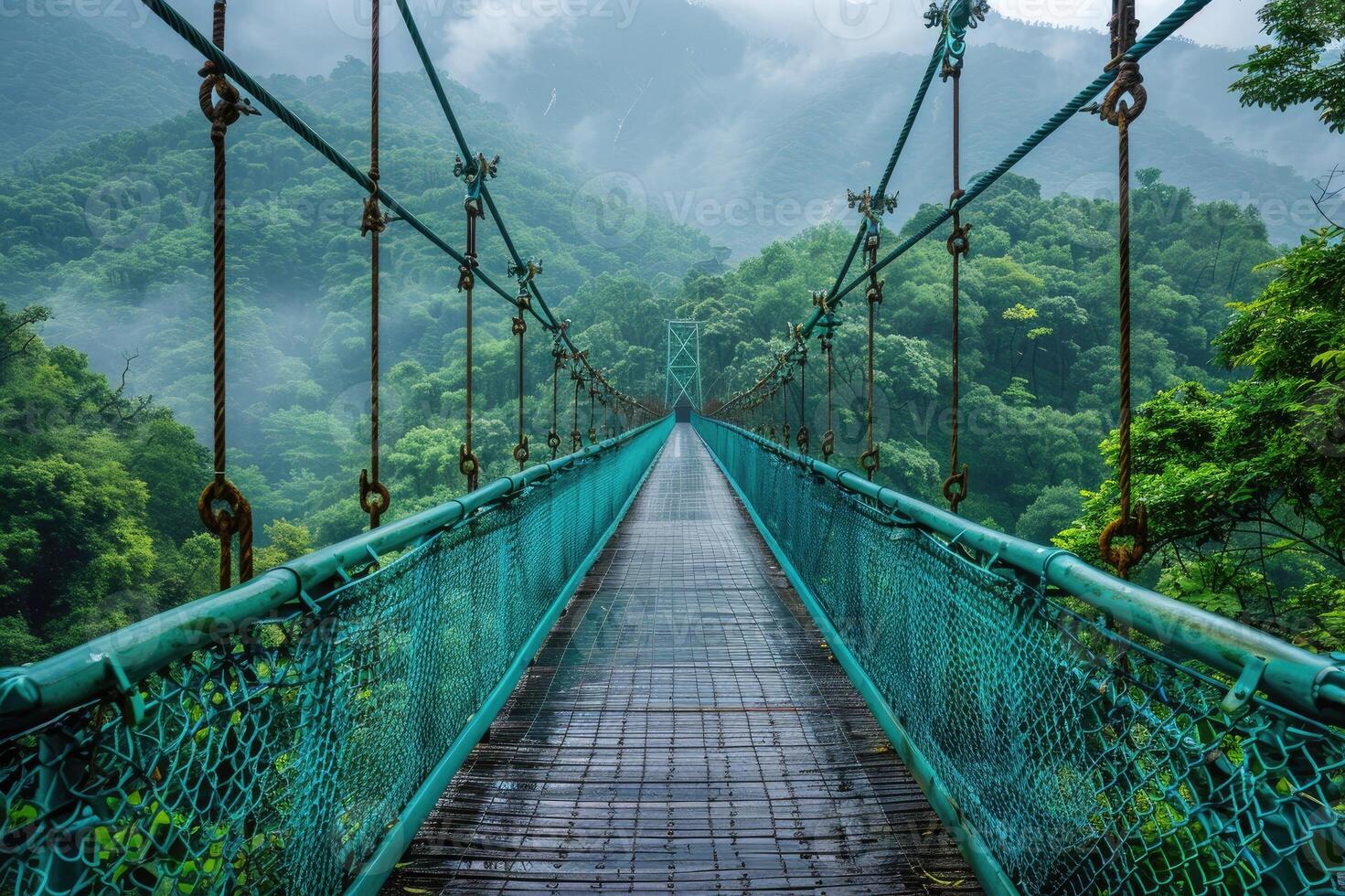 A suspension bridge stretches through a misty, lush forest, surrounded by dense green foliage, creating a serene and mystical atmosphere, evoking adventure and tranquility. photo