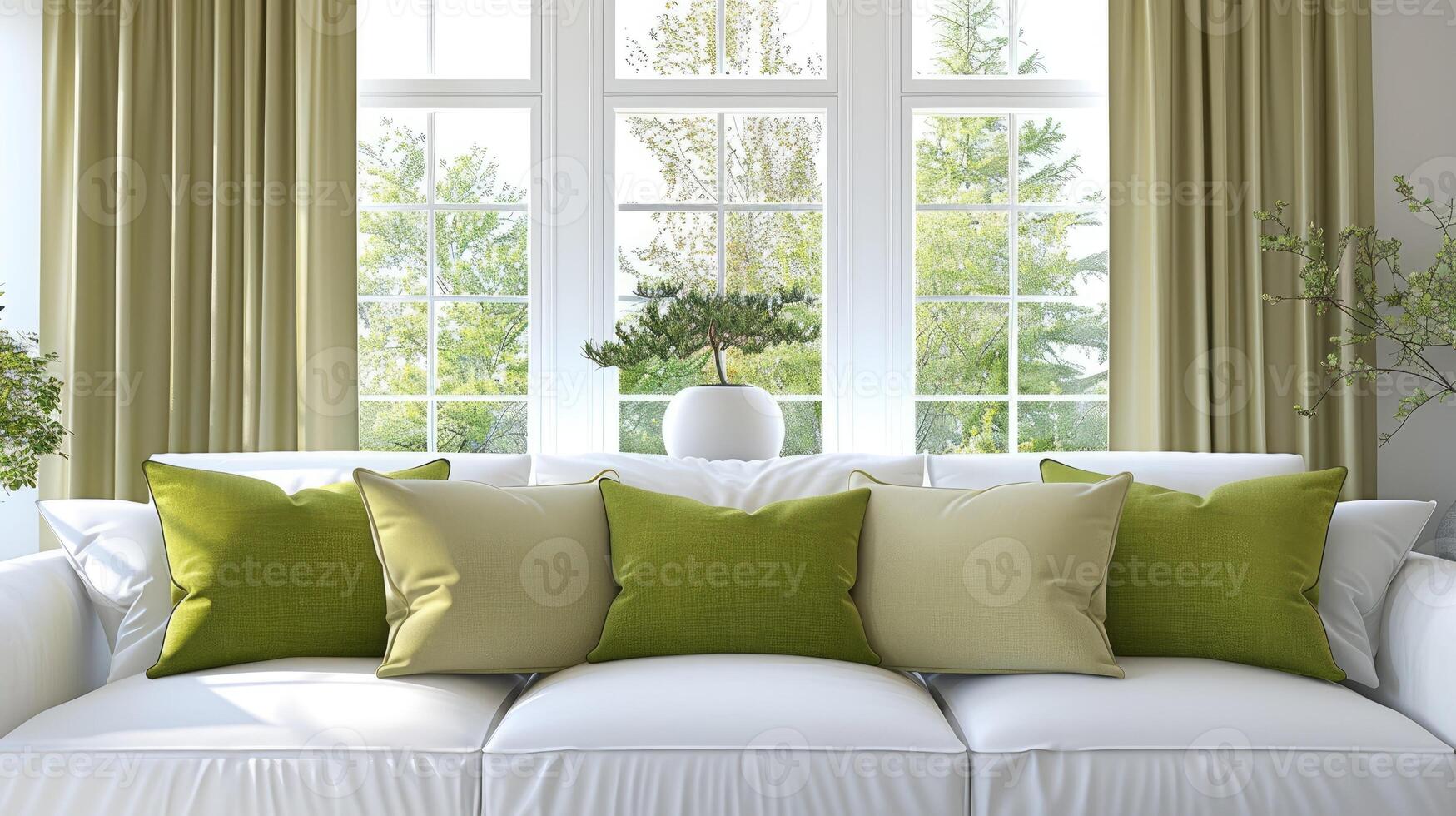 A cozy living room setup featuring a white sofa adorned with pillows photo