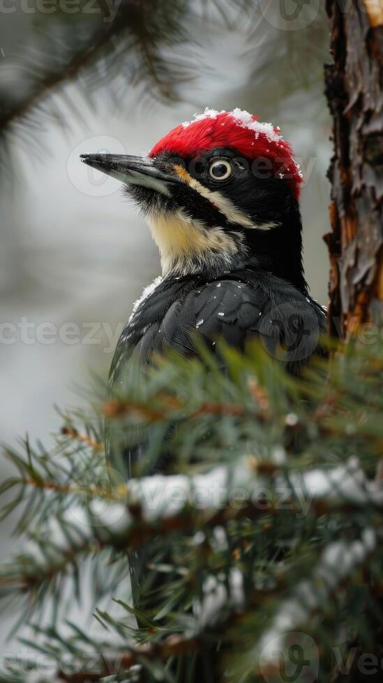 Colorful woodpecker with a vibrant red crown, black and white plumage, perched on a tree photo