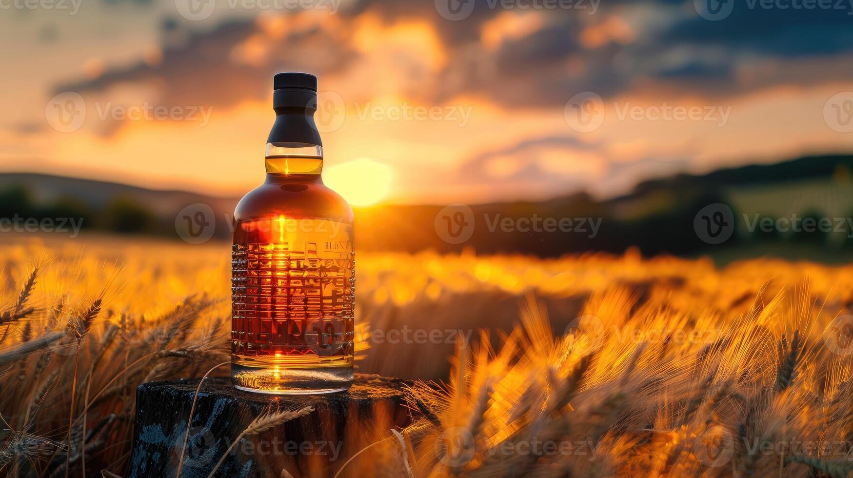 A bottle of whiskey in a golden wheat field at sunset. photo