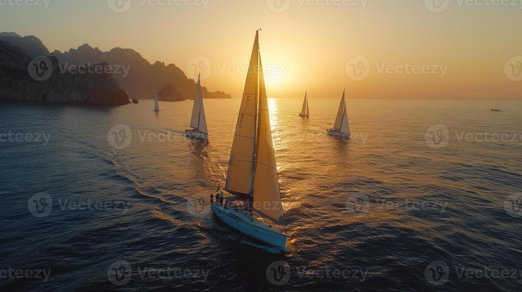 A picturesque sailboats gracefully navigates the tranquil waters under the soft golden hues of the sunset, creating a peaceful and mesmerizing maritime scene. photo