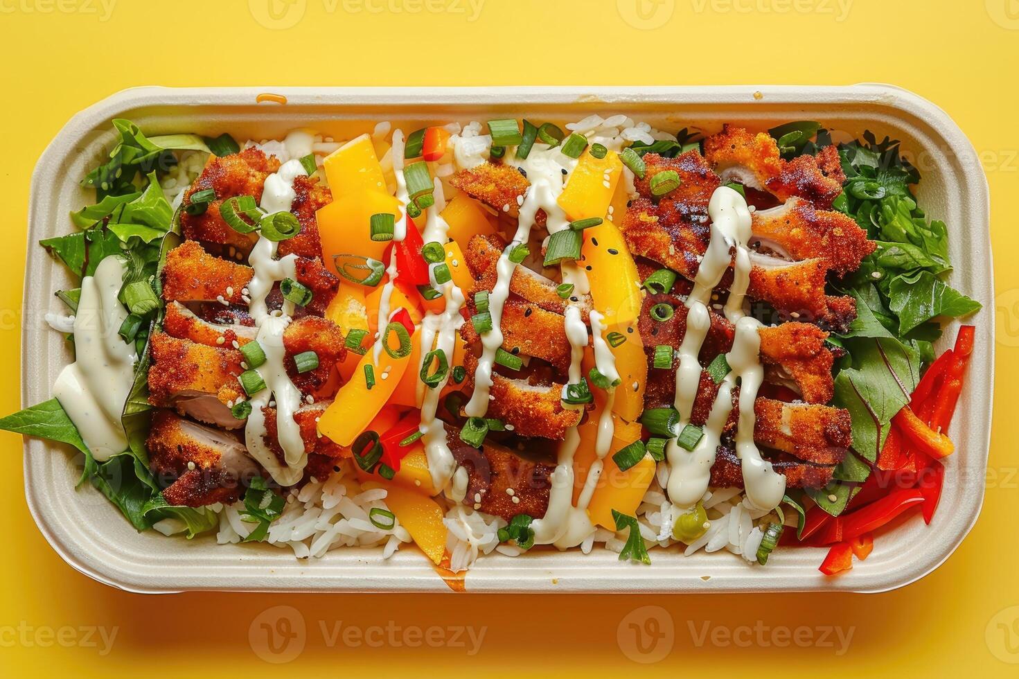 A mouthwatering grilled chicken rice bowl, topped with fresh vegetables, drizzled with creamy sauce, garnished with herbs, served in a takeaway container. Ideal for healthy meals. photo