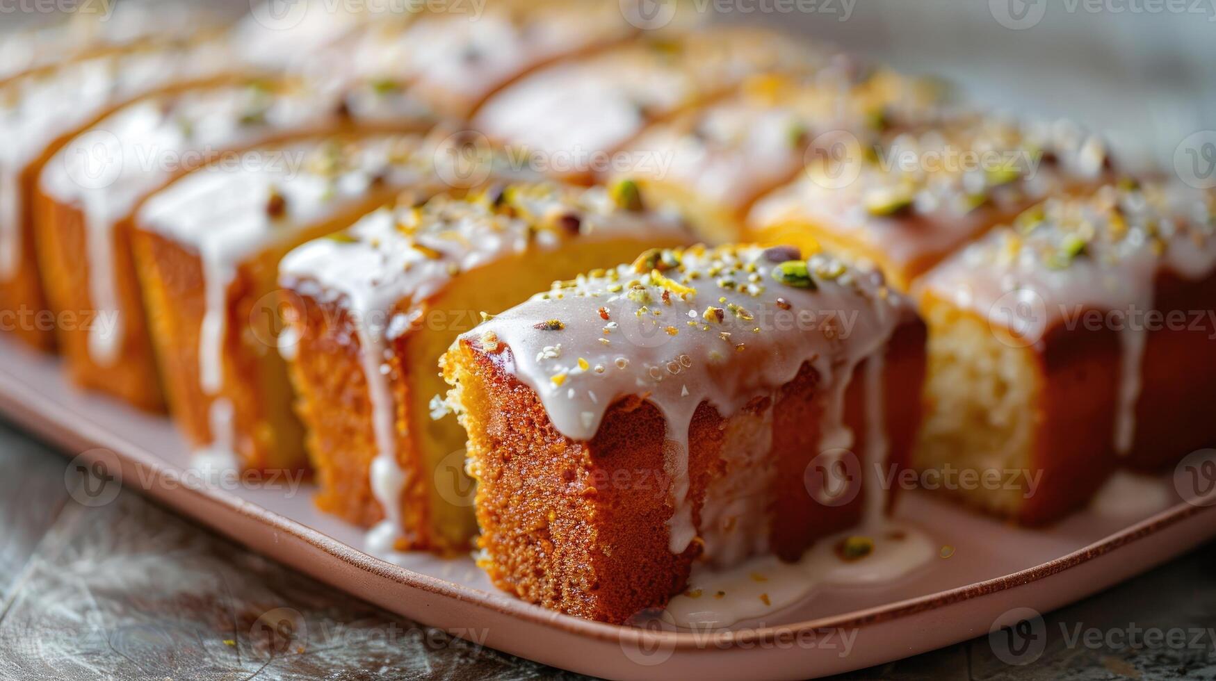 Delicious glazed lemon cake with a sprinkle of pistachios. photo