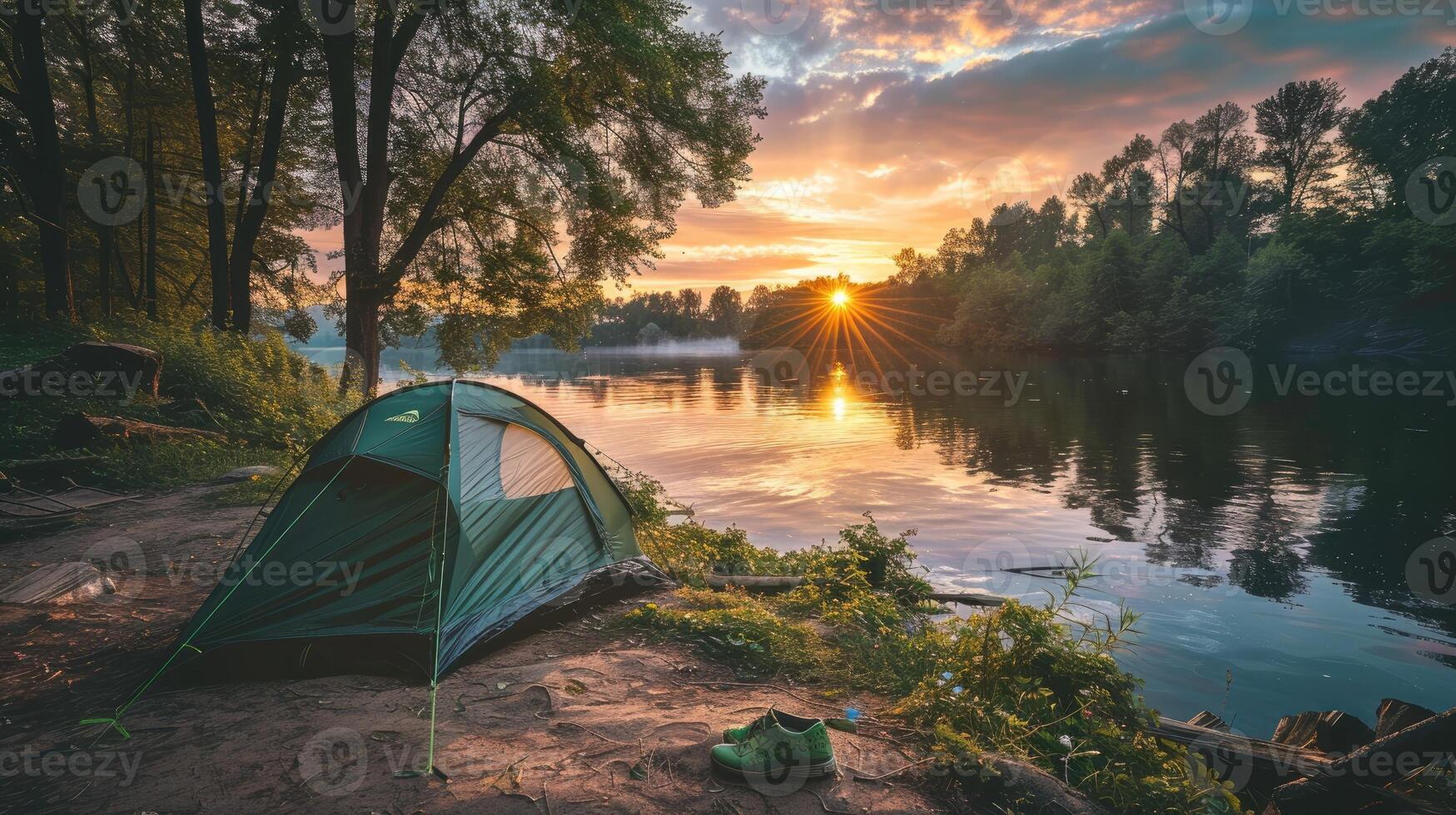A green tent by the river during sunset surrounded by lush foliage, representing tranquility, nature, and the serene outdoor experience. photo