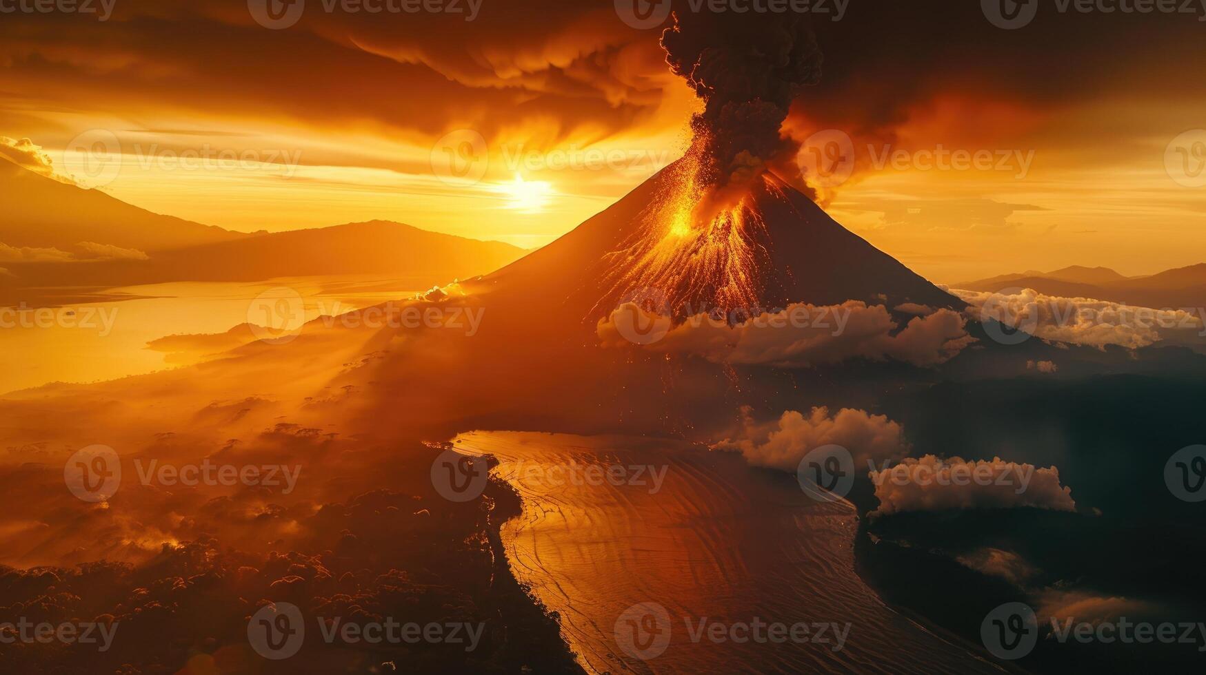 Massive volcanic eruption with fiery lava and dense smoke photo