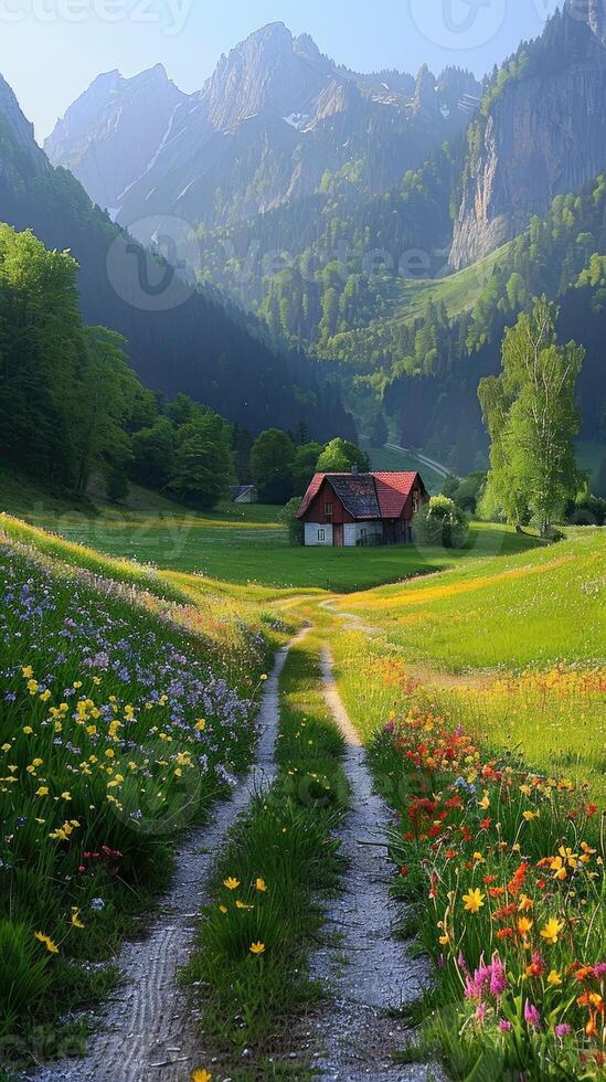A charming cottage in a picturesque valley surrounded by lush greenery, vibrant wildflowers, and tranquil mountain landscapes photo
