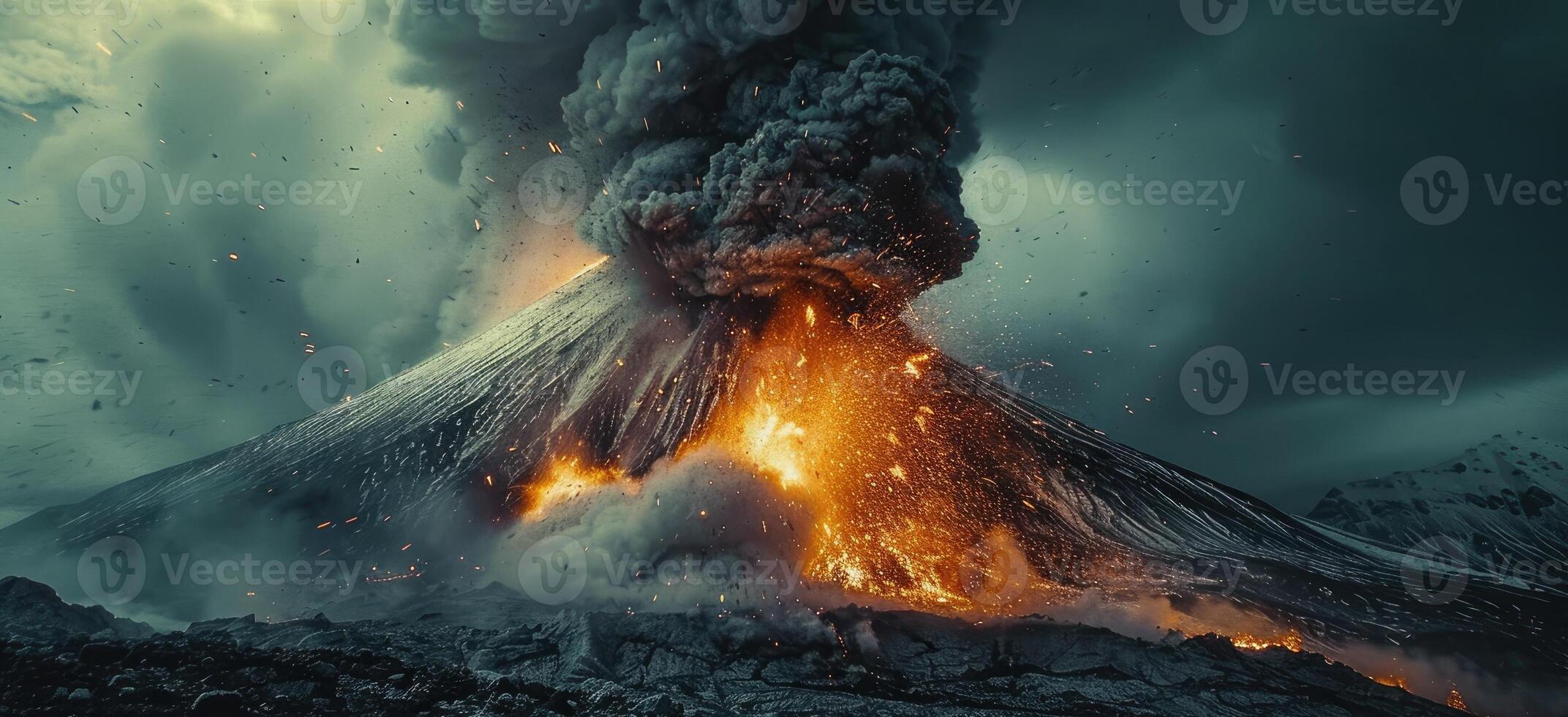 Massive volcanic eruption with fiery lava and dense smoke photo
