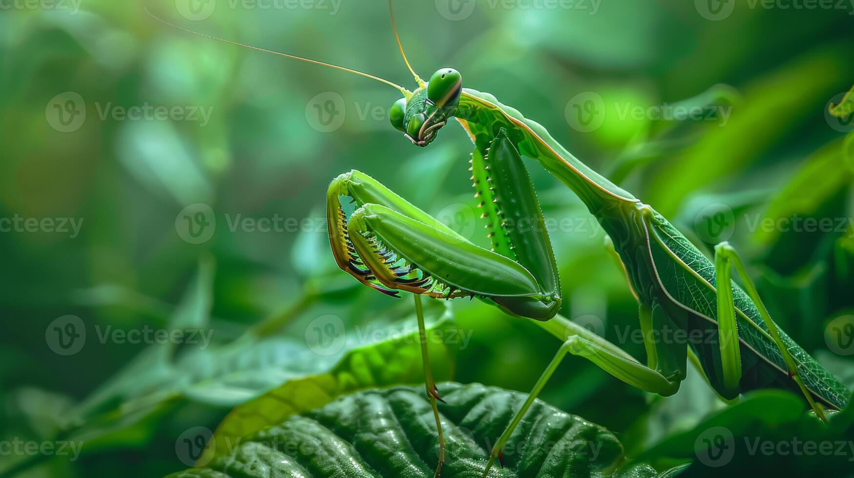 CloseUp of a Praying Mantis on Green Leaves in a Lush Garden Setting, Suitable for Nature Study and Insect Enthusiast Publications photo