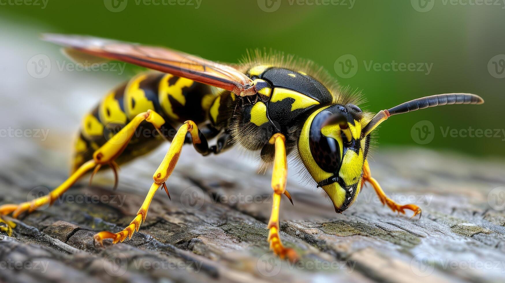 Closeup Macro Photography of a Yellow and Black Striped Wasp in Natural Habitat Ideal for Educational Posters, Nature Prints, and Wildlife Enthusiasts photo