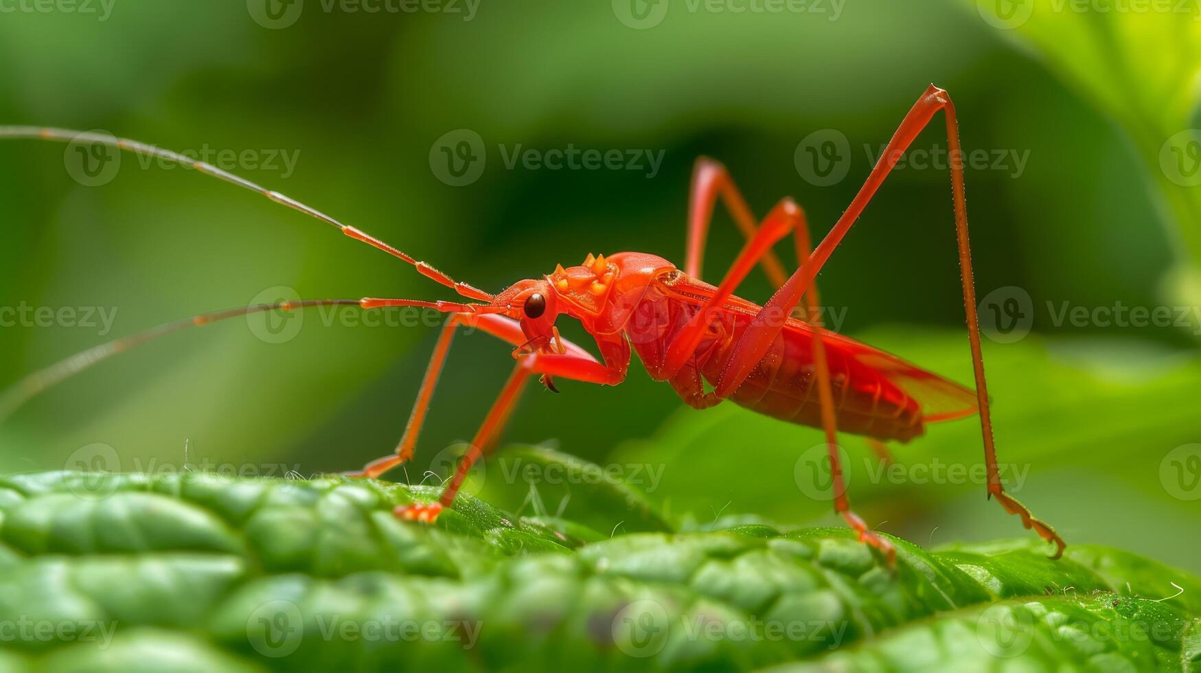 Macro Shot of Bright Red Assassin Bug Resting on Leaf, Perfect for Nature Photography, Insect Identification, or Educational Material photo