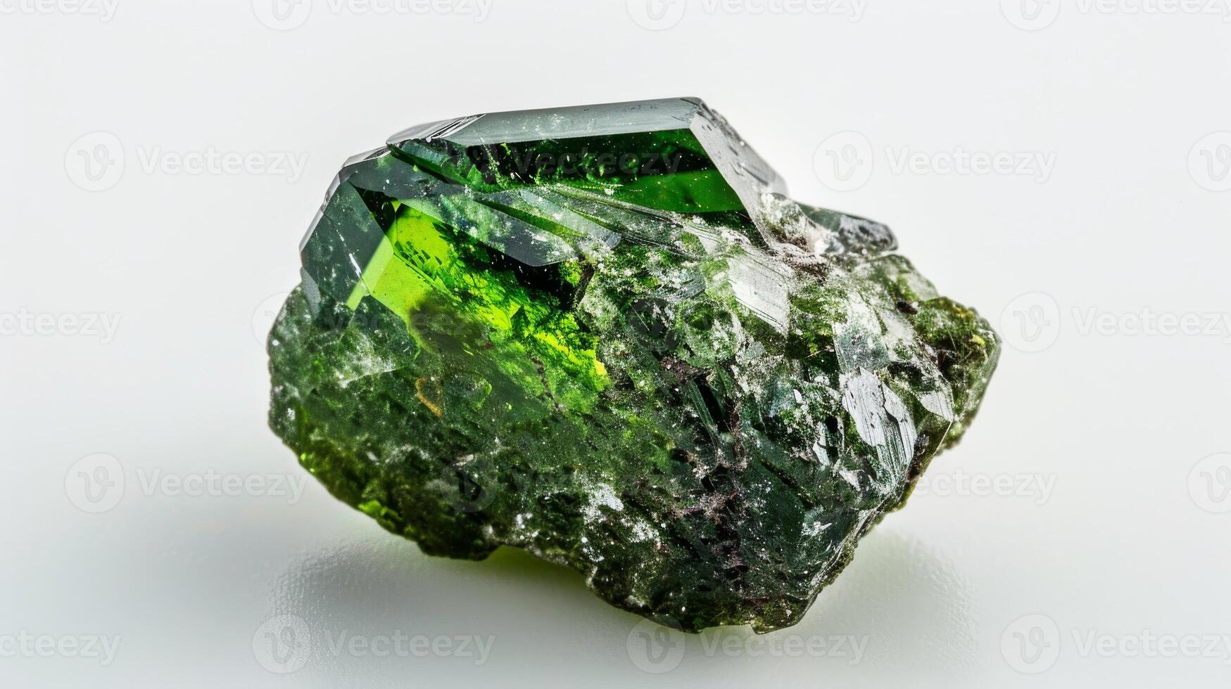 CloseUp of Polished Uvarovite. A Captivating Green Garnet Mineral on White Background for Scientific Study and Jewelry Design photo
