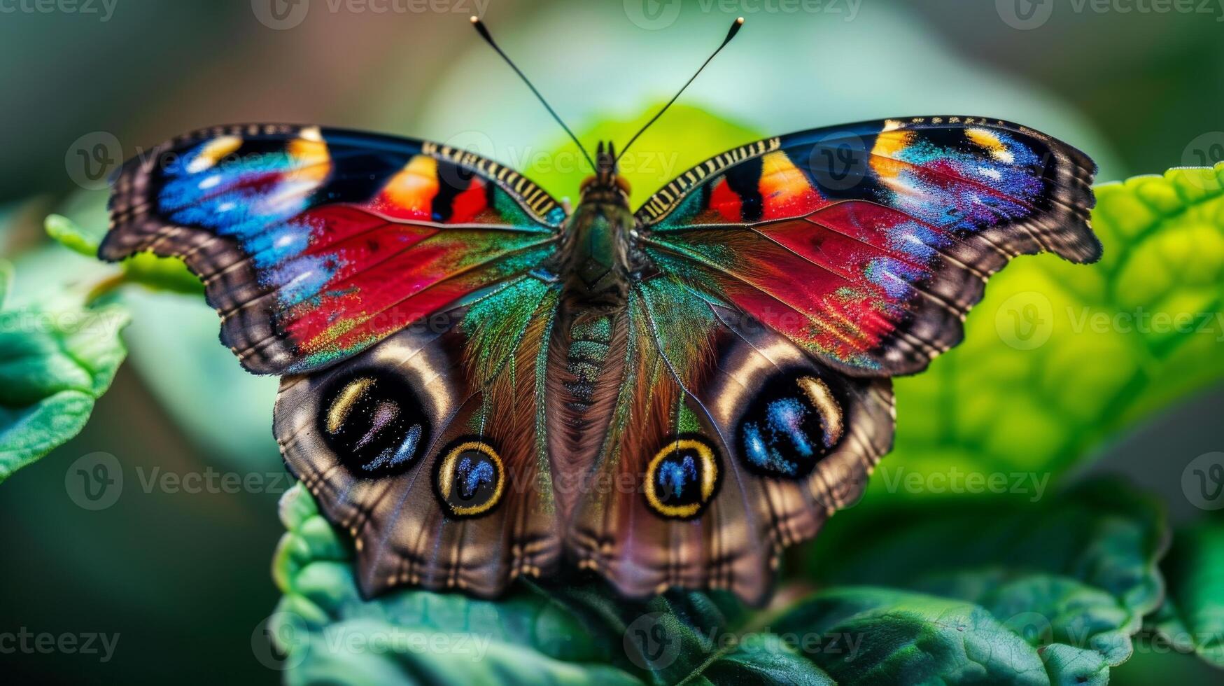 Colorful Peacock Butterfly with Vibrant Wing Patterns on Green Leaf, Ideal for Nature and Wildlife Enthusiasts photo