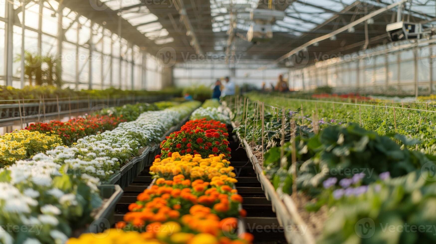 Extensive Commercial Greenhouse with Colorful Flower Rows and Security Cameras for Monitoring, Agriculture and Farming photo