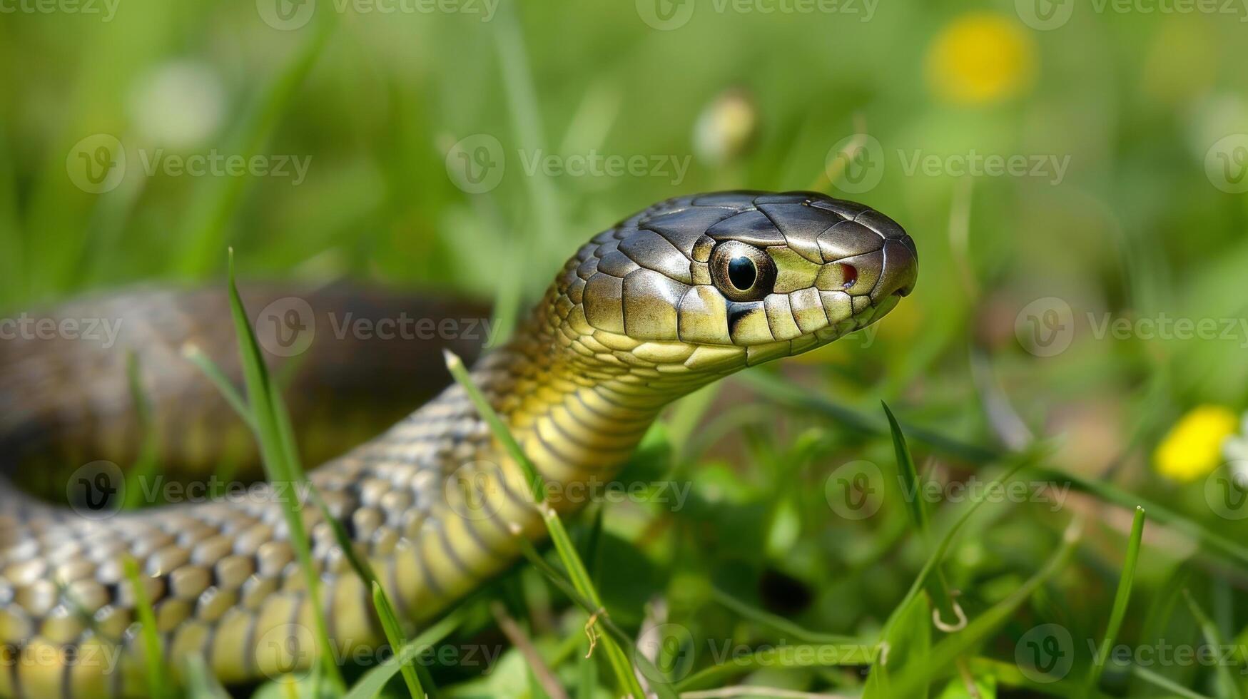 Grass Snake Slithering Through Lush Grassy Meadow, Perfect for Nature, Wildlife, and Ecological Themes in Design photo