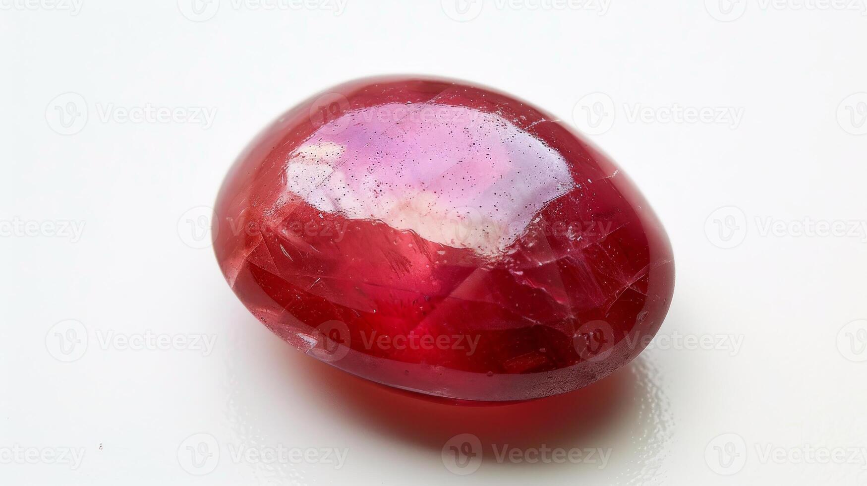 Single Polished Ruby Gemstone CloseUp on White Background Showcasing Detailed Reflections and Natural Inclusions photo