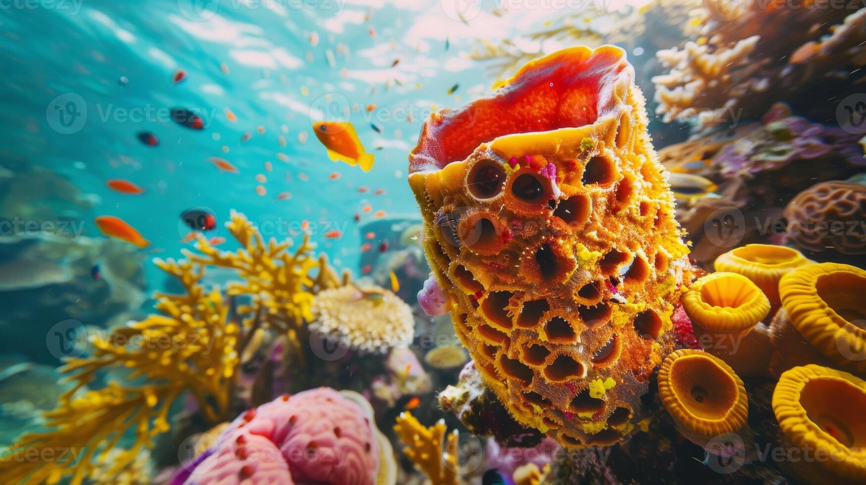 Vibrant Underwater Coral Reef Ecosystem with Colorful Sponges and Fish Ideal for Nature and Marine Biology Publications, Posters, and Education Resources photo