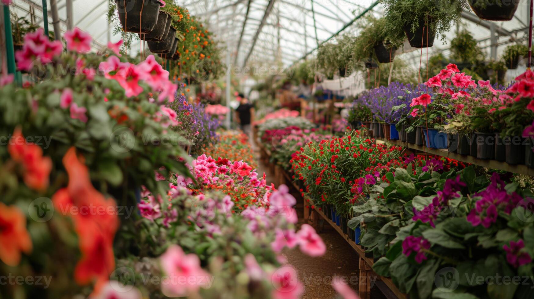 Spacious Greenhouse with Vibrant Flowers and Hanging Plants, Ideal for Botanical Designs photo