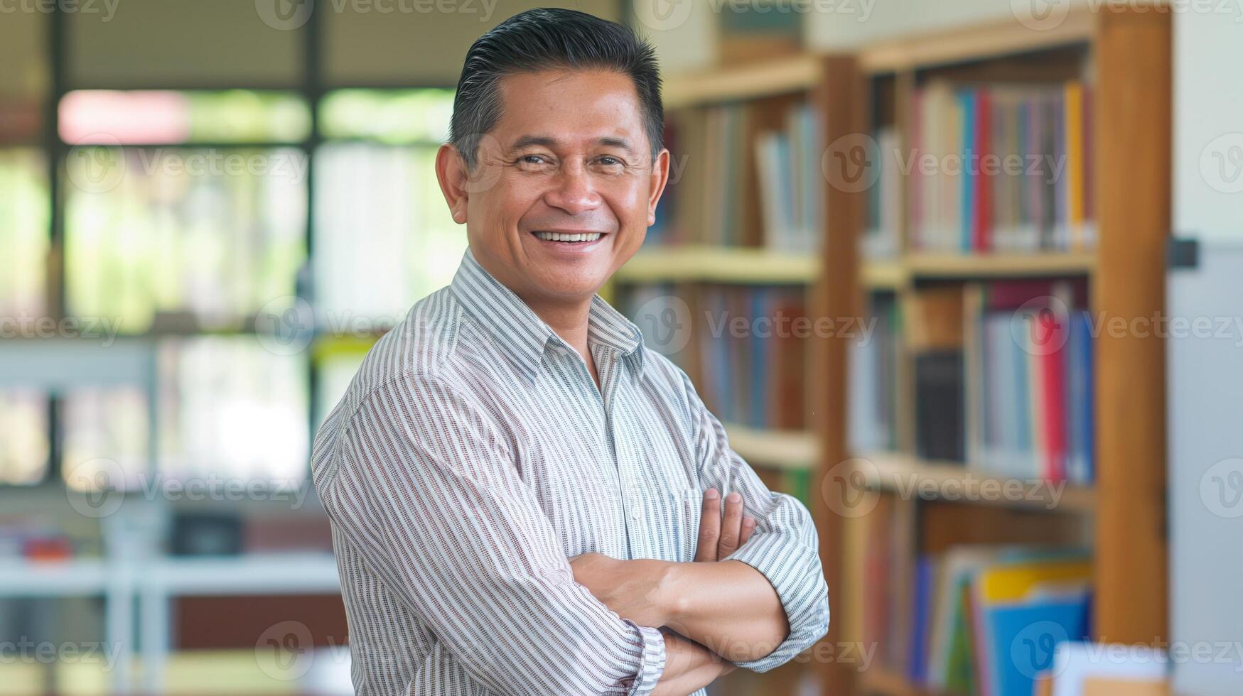 Warm and Welcoming Filipino Male Teacher Standing in Classroom, Ideal for Educational Content and Diversity Representation photo
