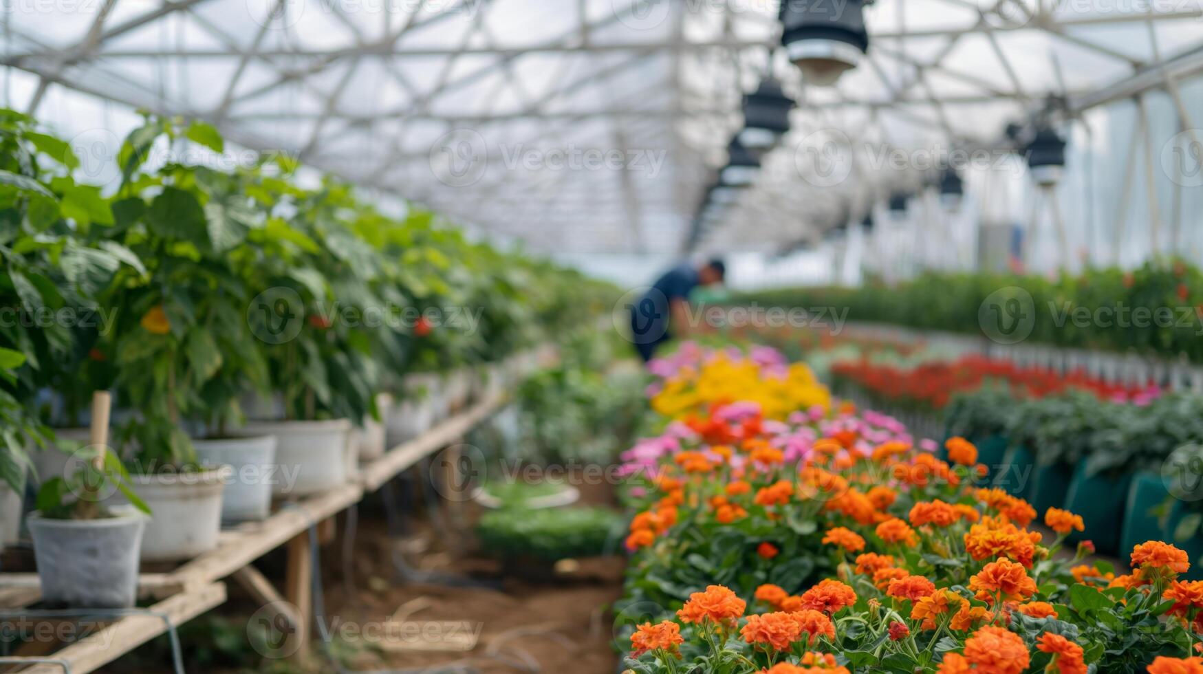 Commercial Greenhouse with Diverse Colors of Blooming Flowers and Security Cameras Ensuring Plant Safety and Monitoring photo