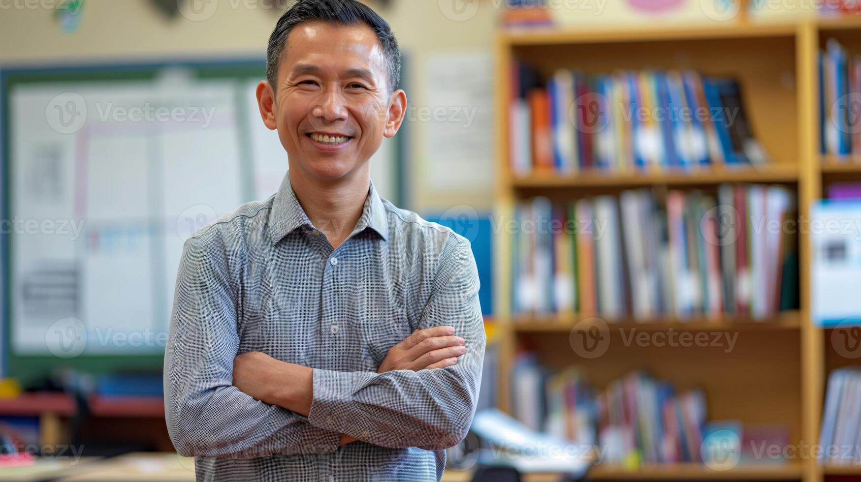 Warm Smiling Southeast Asian Male Teacher in Classroom, Educator Pride, Cultural Inclusivity photo