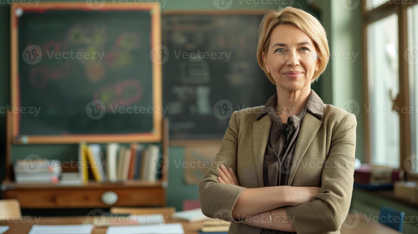 Confident MiddleAged Female School Teacher in Classroom with Chalkboard Background, Learning Environment photo