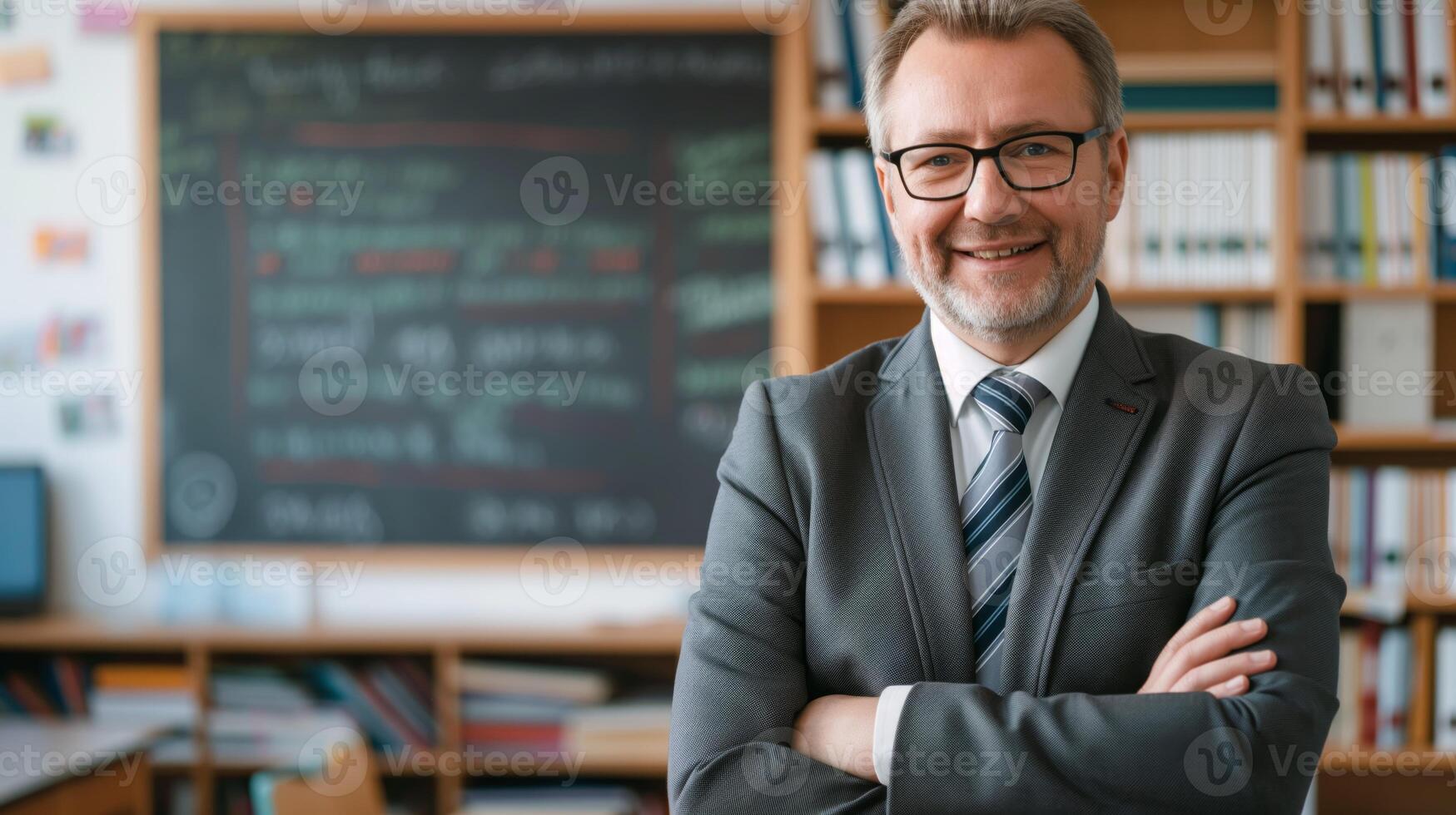 Middle Aged German Male School Teacher in Classroom Standing Confidently with Crossed Arms photo