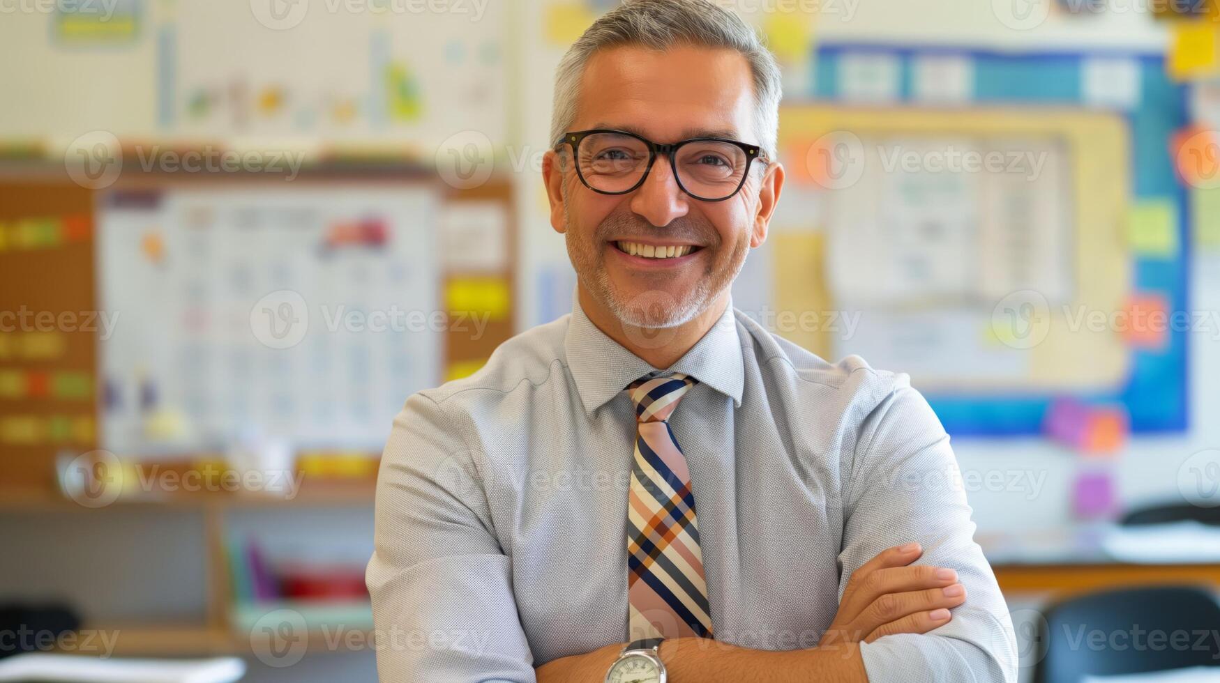Confident MiddleAged Male School Teacher, Middle Eastern Descent, Smiling in Classroom, Ideal for Educational, Professional, and Cultural Diversity Themes photo